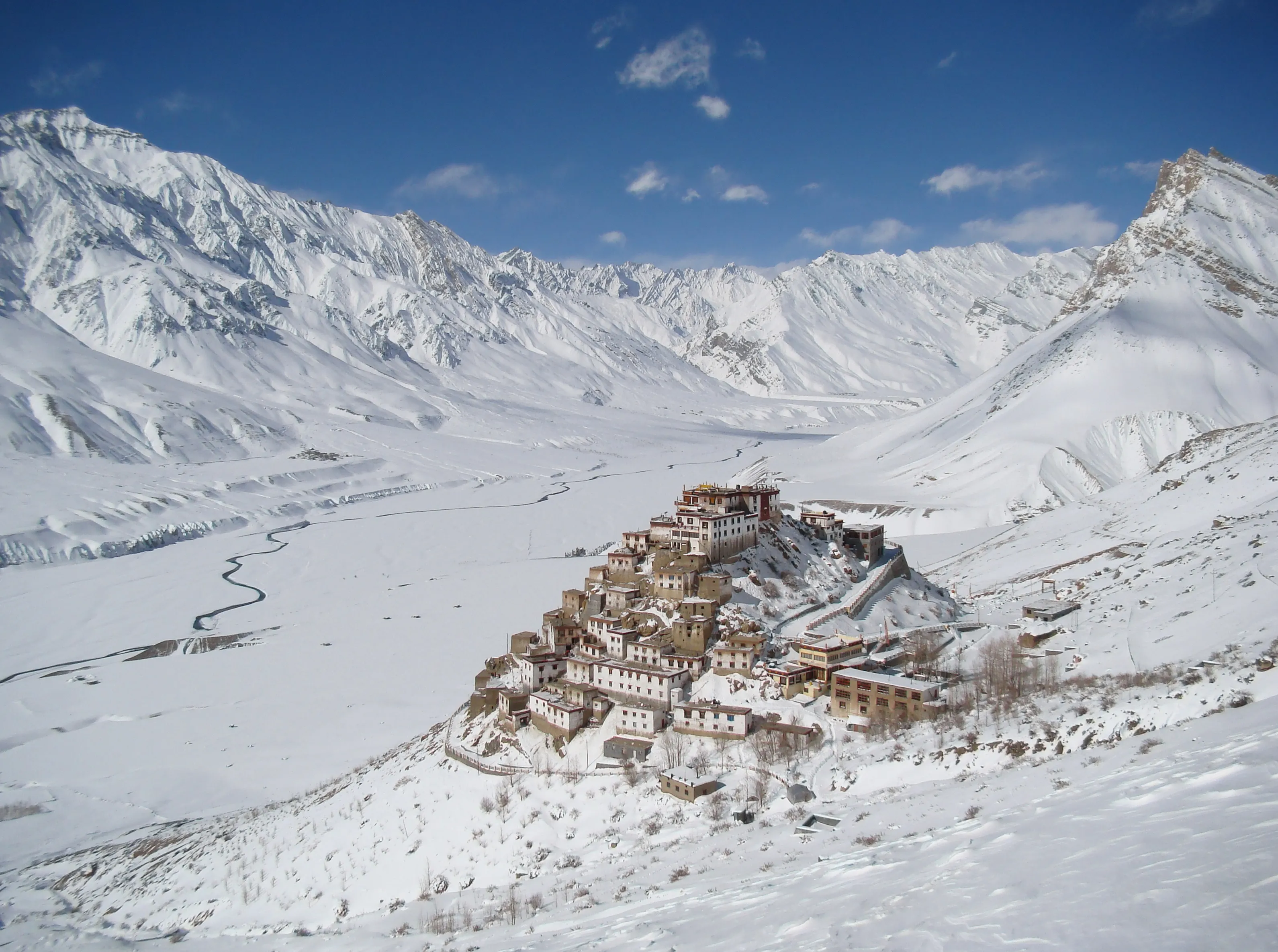 Spiti Valley cold desert at dusk with Key Monastery above the Spiti river, Himalaya